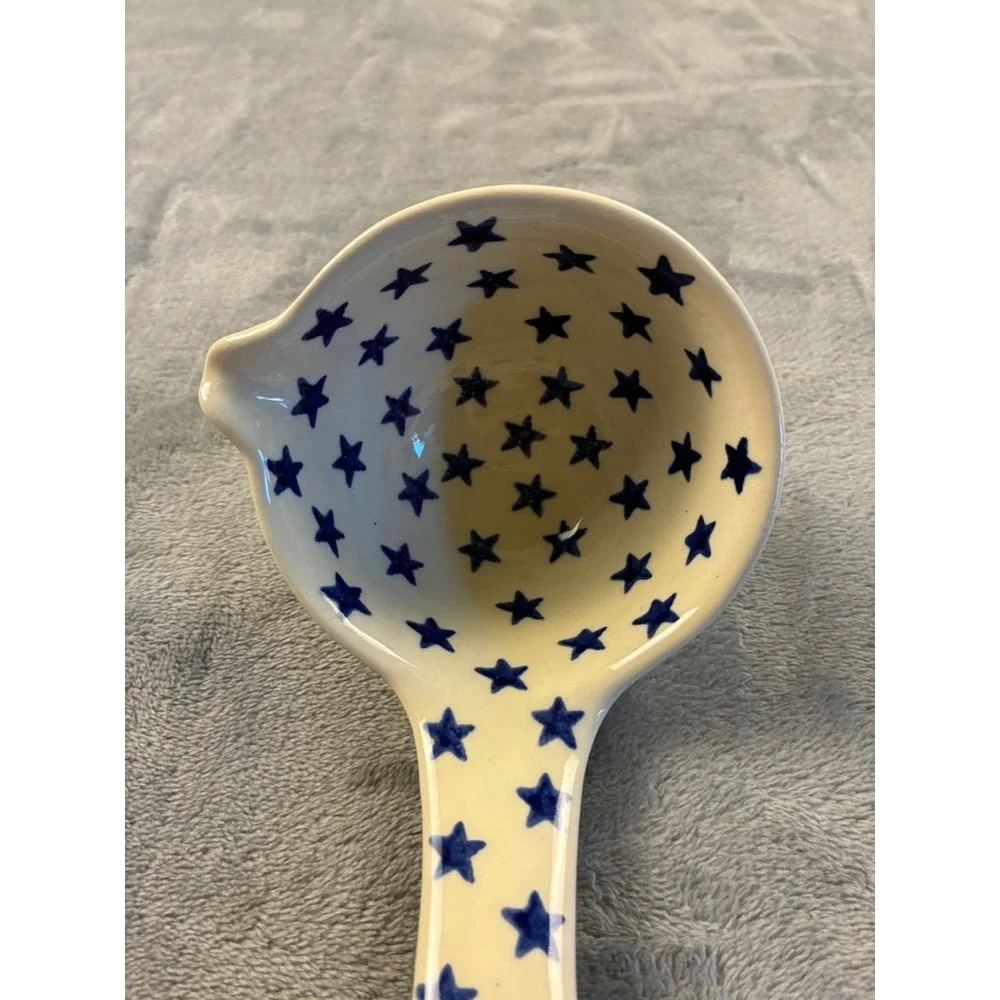 Poland Hand Made Polish Pottery Ladle Blue Rose Pattern Pour Spout 9.5in